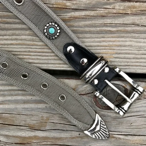 Vintage Donna Katz Silver Mesh Turquoise Belt Small Southwestern Western - Picture 4 of 9